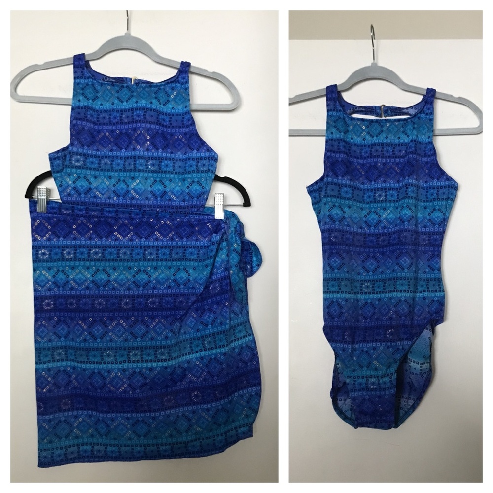 Vintage 90s NOS Jantzen 1pc Swimsuit Sarong Coverup set blue geometric Made USA